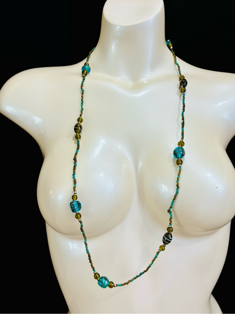 Turquoise & Olive Glass Beaded Long Over The Head Necklace - Women Jewelry
